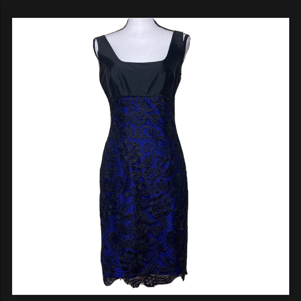 Monique Lhuillier blue black halter cocktail sheath dress size 4 Whimsigoth